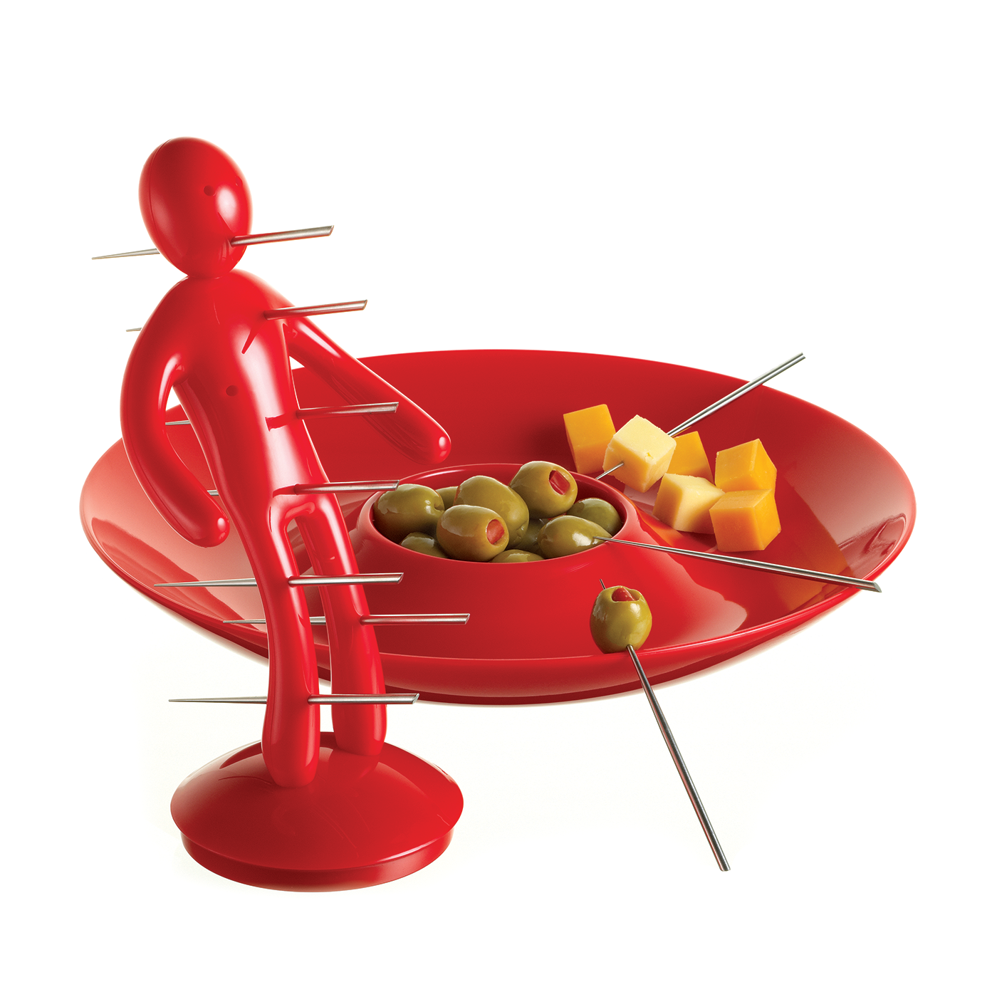 Voodoo/TheEx | 10-Piece Aperitif Set with Stainless Steel Skewers and with Red Plastic Holder and Tray